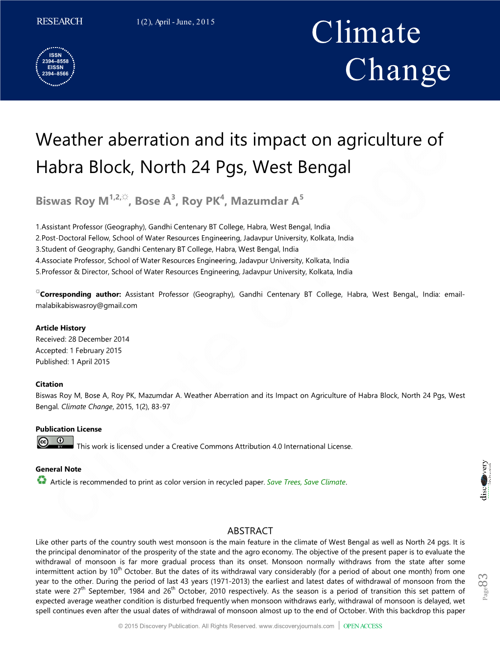 Climate Change, 2015, 1(2), 83-97