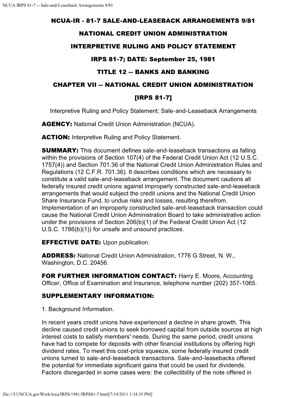 NCUA IRPS 81-7 -- Sale-And-Leaseback Arrangements 9/81