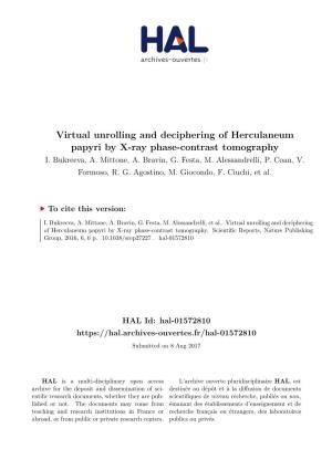 Virtual Unrolling and Deciphering of Herculaneum Papyri by X-Ray Phase-Contrast Tomography I
