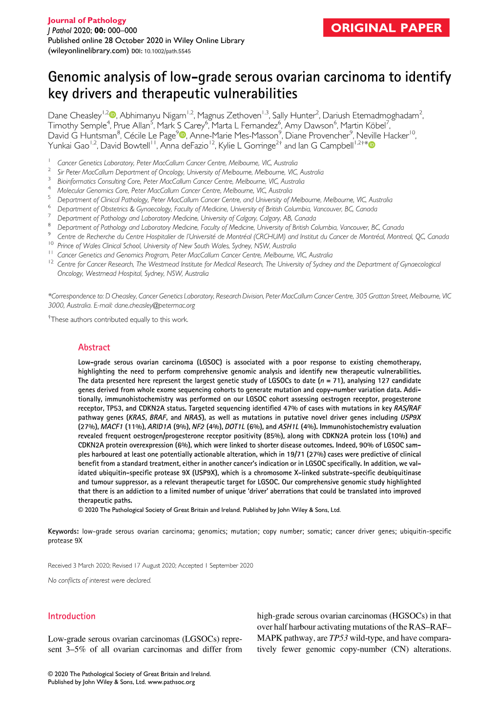 Genomic Analysis of Low‐Grade Serous Ovarian Carcinoma To