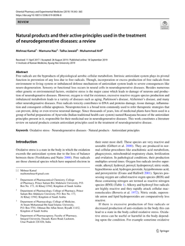 Natural Products and Their Active Principles Used in the Treatment of Neurodegenerative Diseases: a Review