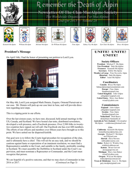 Newsletter of the Clan Macalpine Society the Worldwide Organization for Macalpines 2Nd Qtr 2015 ~ Volume 28