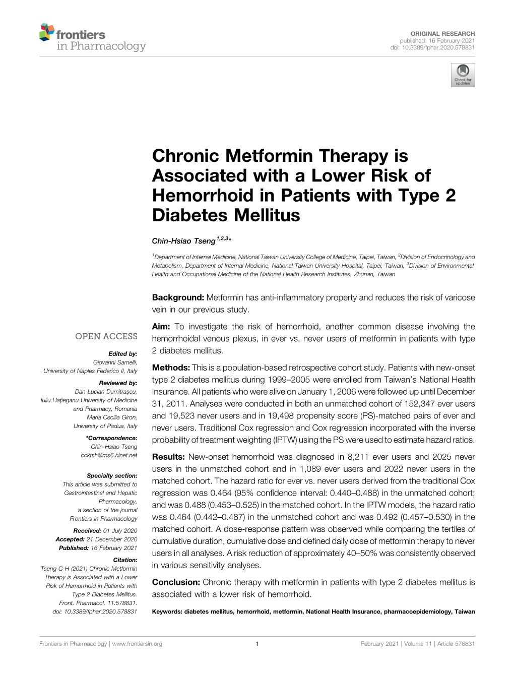 Chronic Metformin Therapy Is Associated with a Lower Risk of Hemorrhoid in Patients with Type 2 Diabetes Mellitus
