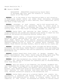 Senate Resolution No. 7 Senator PALUMBO BY: LEGISLATIVE RESOLUTION Congratulating Carter Rubin of Shoreham, New York, Upon