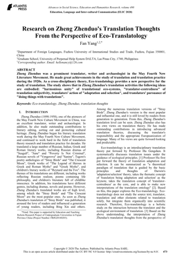Research on Zheng Zhenduo's Translation Thoughts from the Perspective of Eco-Translatology Fan Yang1,2,*