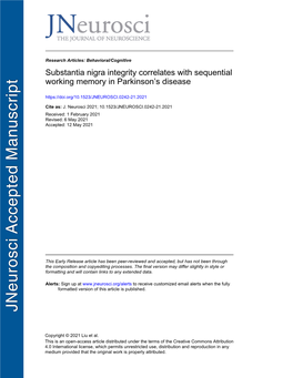 Substantia Nigra Integrity Correlates with Sequential Working Memory in Parkinson’S Disease