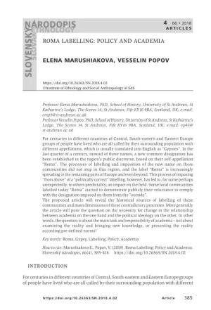 Roma Labelling: Policy and Academia Elena Marushiakova, Vesselin Popov