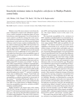 Insecticide Resistance Status in Anopheles Culicifacies in Madhya Pradesh, Central India