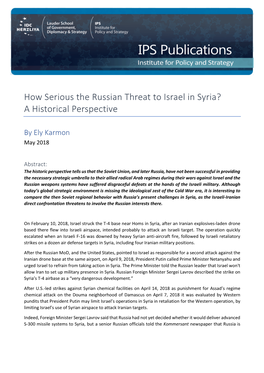 How Serious the Russian Threat to Israel in Syria? a Historical Perspective