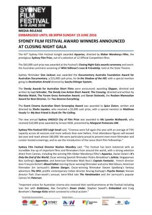 Sydney Film Festival Award Winners Announced at Closing Night Gala 19/06/2016