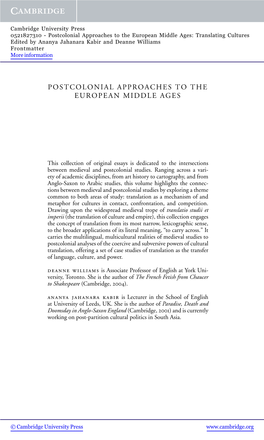 Postcolonial Approaches to the European Middle Ages: Translating Cultures Edited by Ananya Jahanara Kabir and Deanne Williams Frontmatter More Information