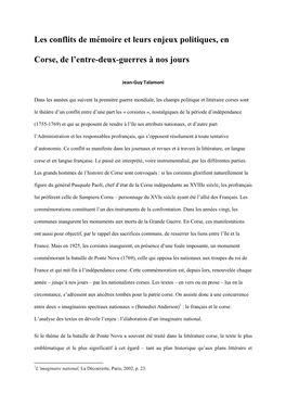 Les Conflits De Mémoire Et Leurs Enjeux Politiques, En Corse, De L