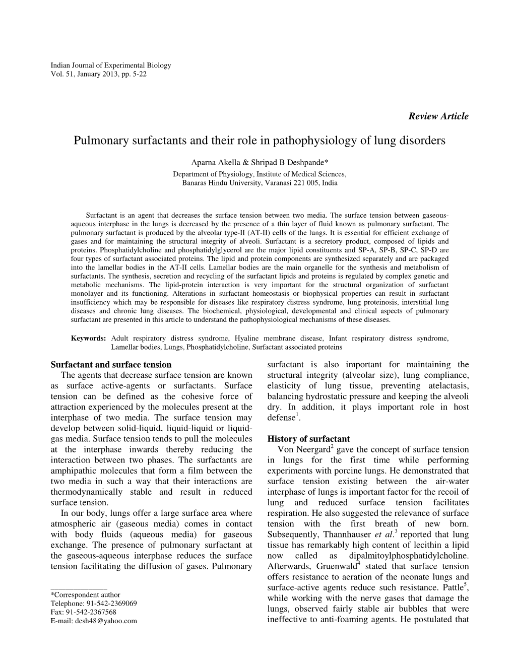 Pulmonary Surfactants and Their Role in Pathophysiology of Lung Disorders