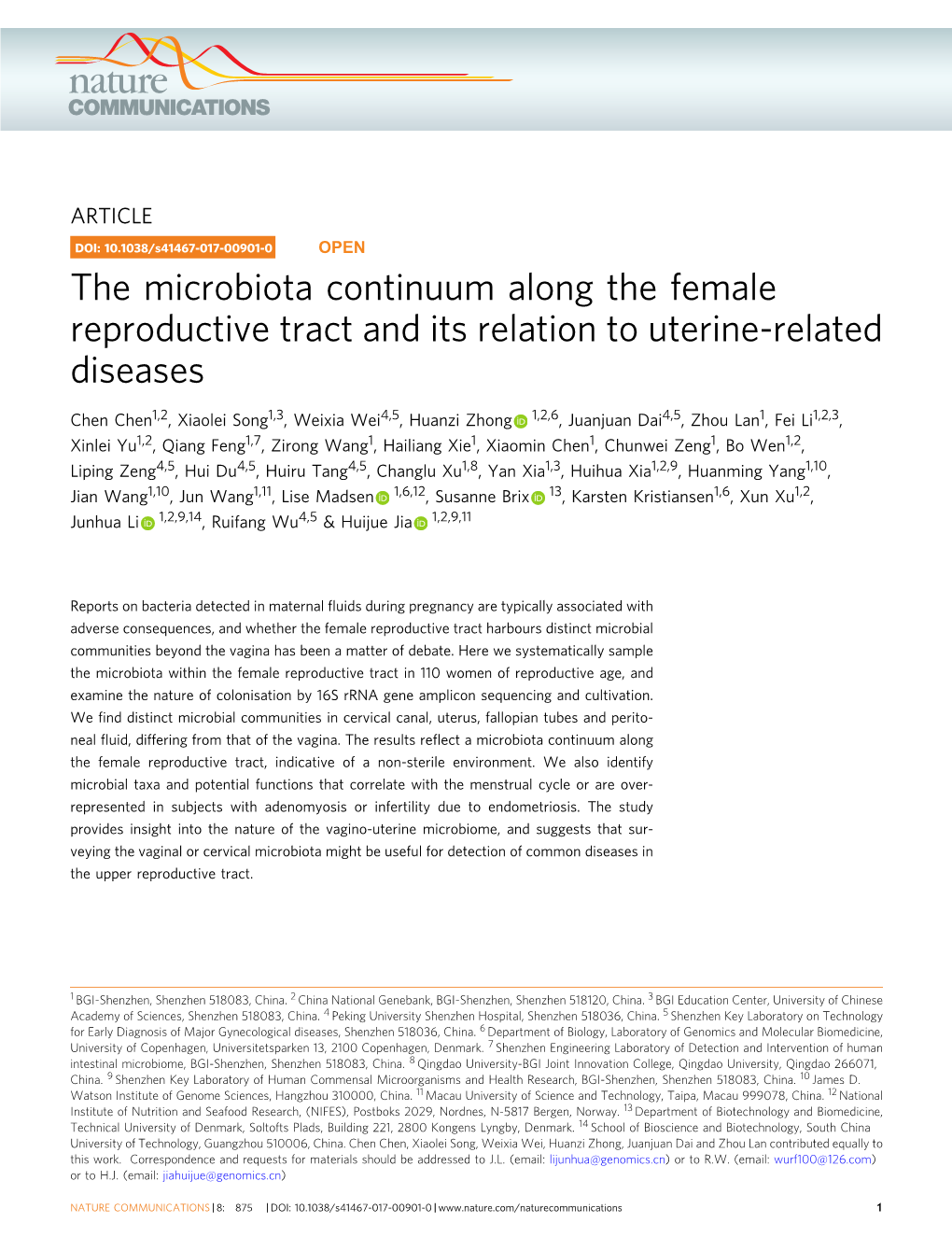 The Microbiota Continuum Along the Female Reproductive Tract and Its Relation to Uterine-Related Diseases