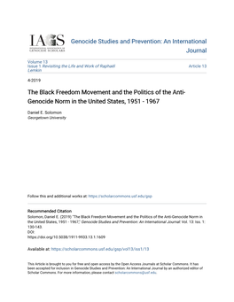 The Black Freedom Movement and the Politics of the Anti- Genocide Norm in the United States, 1951 - 1967
