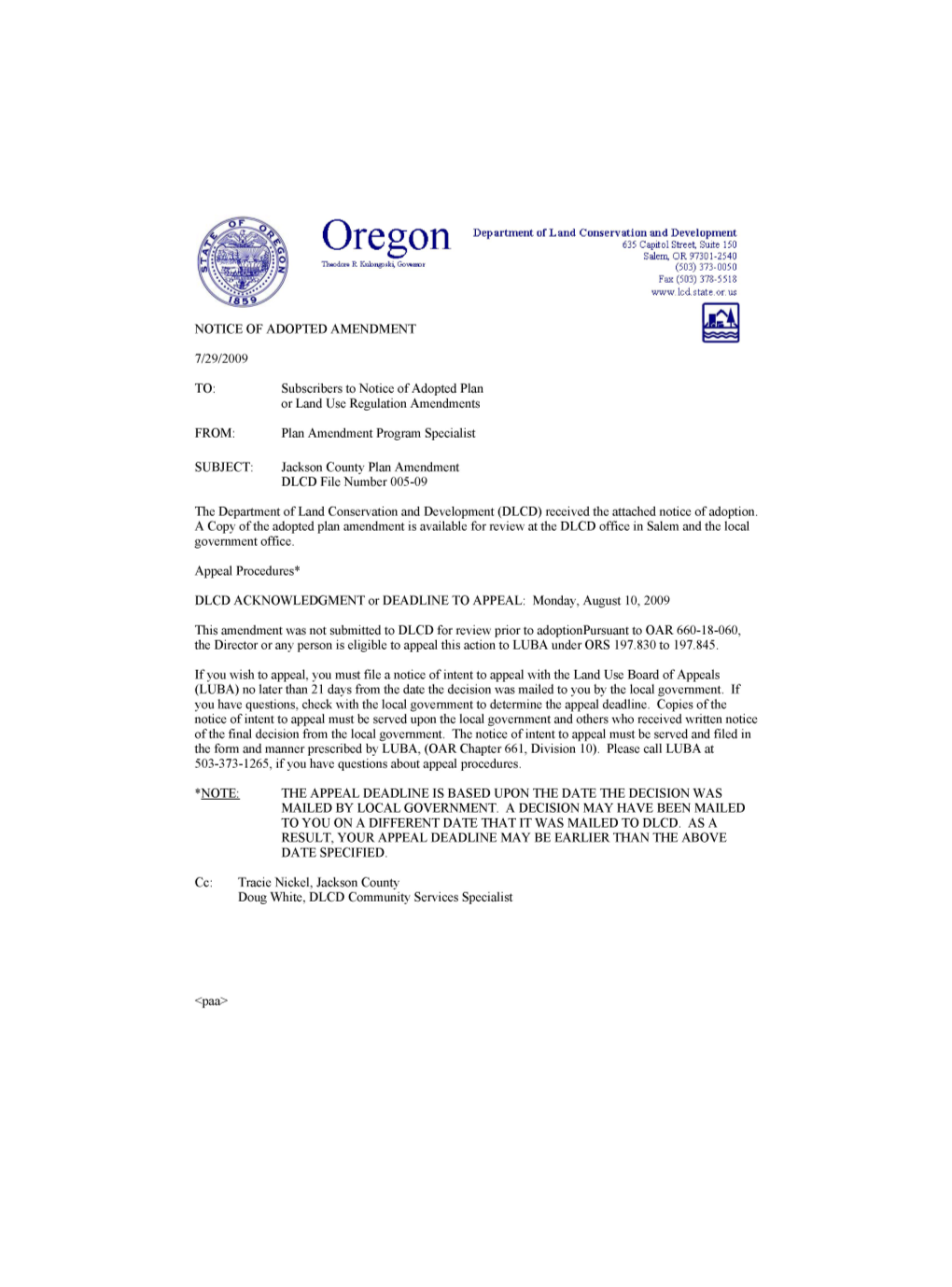 Oregon 635 Capitol Street, Suite 150 Salem, OR 97301-2540 Theodore R Kjibngdski, Governor (503) 373-0050 Fax (503) 378-5518 Www