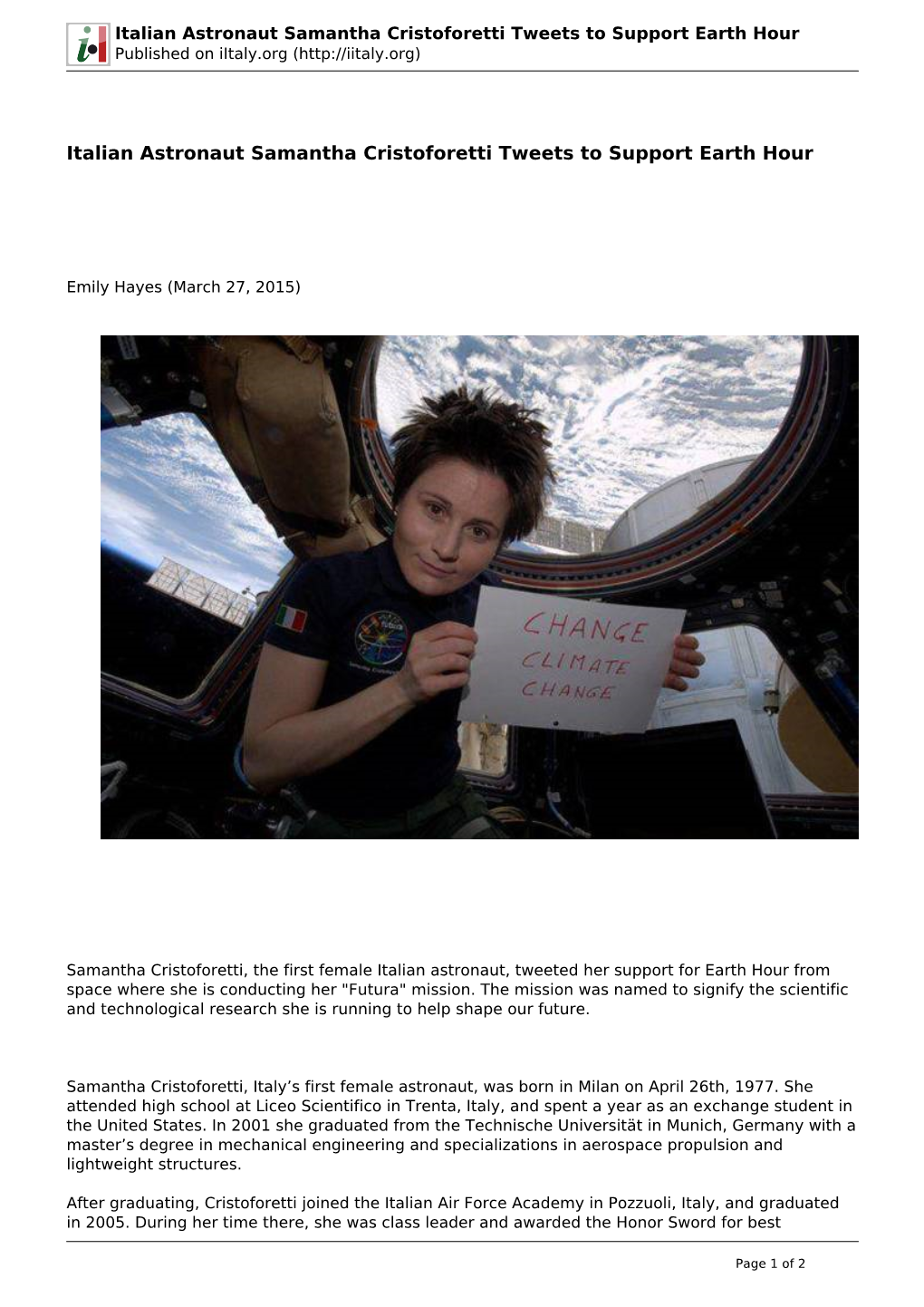 Italian Astronaut Samantha Cristoforetti Tweets to Support Earth Hour Published on Iitaly.Org (