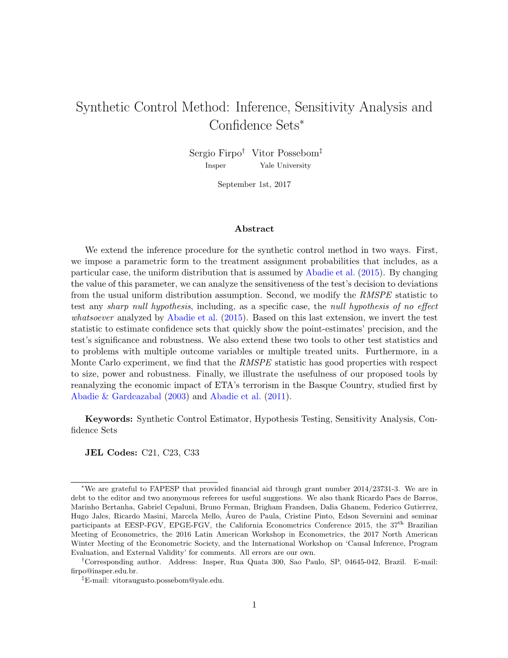 Synthetic Control Method: Inference, Sensitivity Analysis and Conﬁdence Sets∗