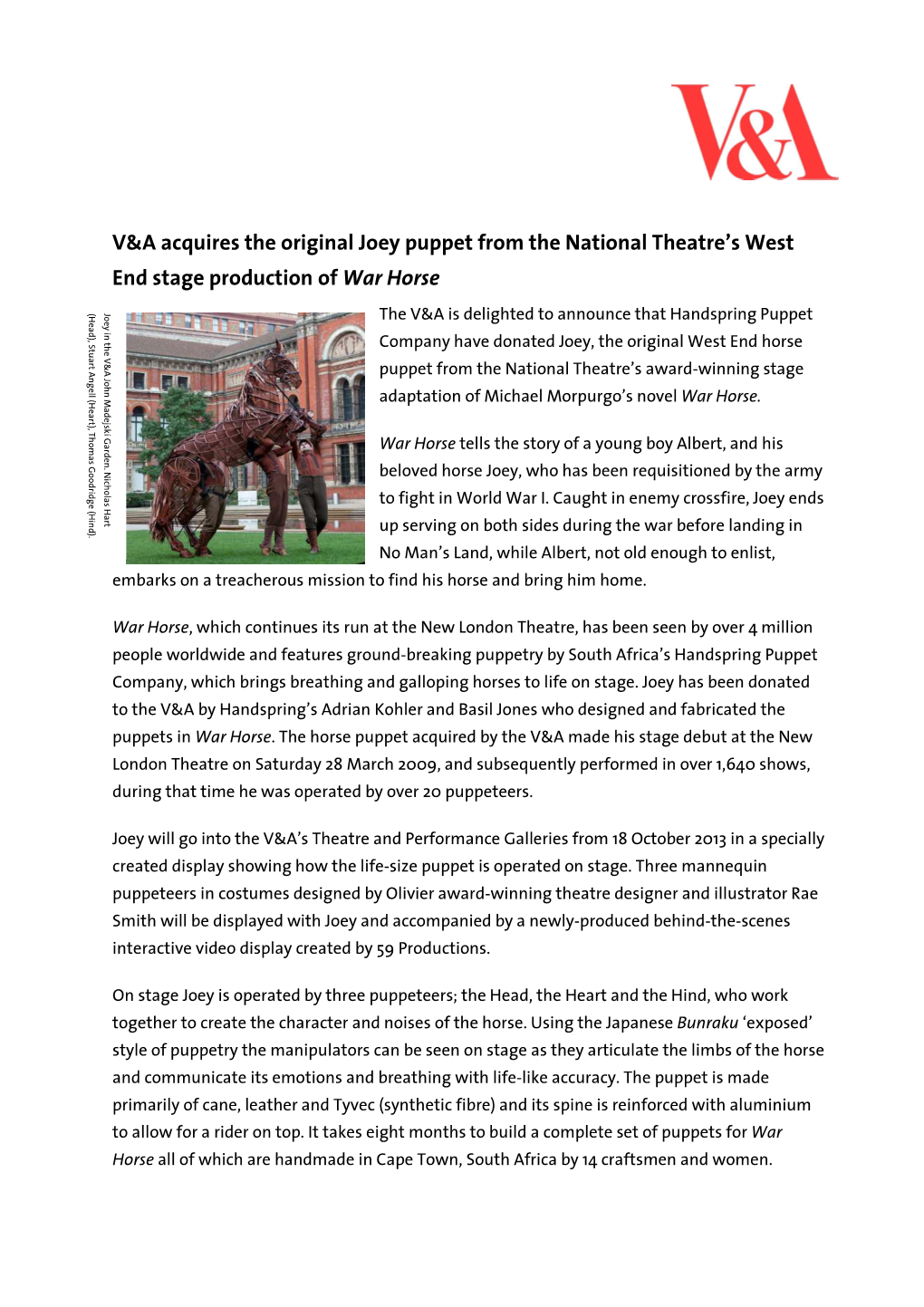 War Horse Joey Puppet Acquisition Press Release