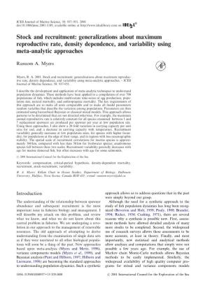Stock and Recruitment: Generalizations About Maximum Reproductive Rate, Density Dependence, and Variability Using Meta-Analytic Approaches