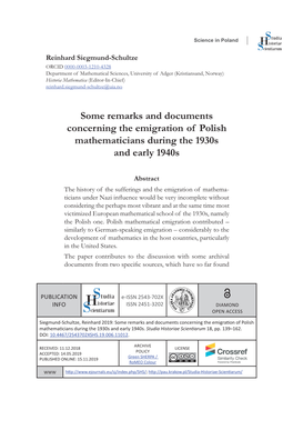 Some Remarks and Documents Concerning the Emigration of Polish Mathematicians During the 1930S and Early 1940S