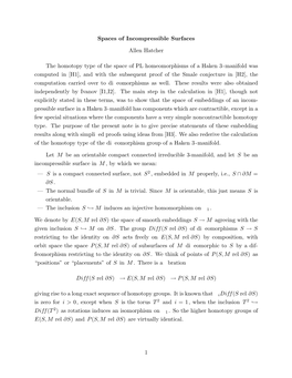 Spaces of Incompressible Surfaces Allen Hatcher the Homotopy Type Of