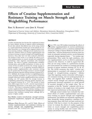 Effects of Creatine Supplementation and Resistance Training on Muscle Strength and Weightlifting Performance