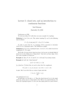 Lecture 5: Closed Sets, and an Introduction to Continuous Functions