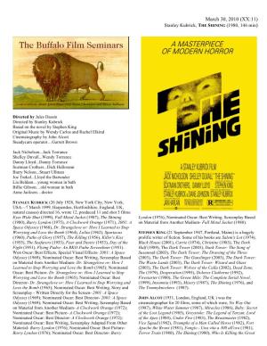 March 30, 2010 (XX:11) Stanley Kubrick, the SHINING (1980, 146 Min)