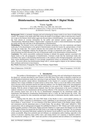 Disinformation; Meanstream Media V Digital Media
