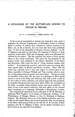 A Catalogue of the Butterflies Known to - , Occur in Indiana