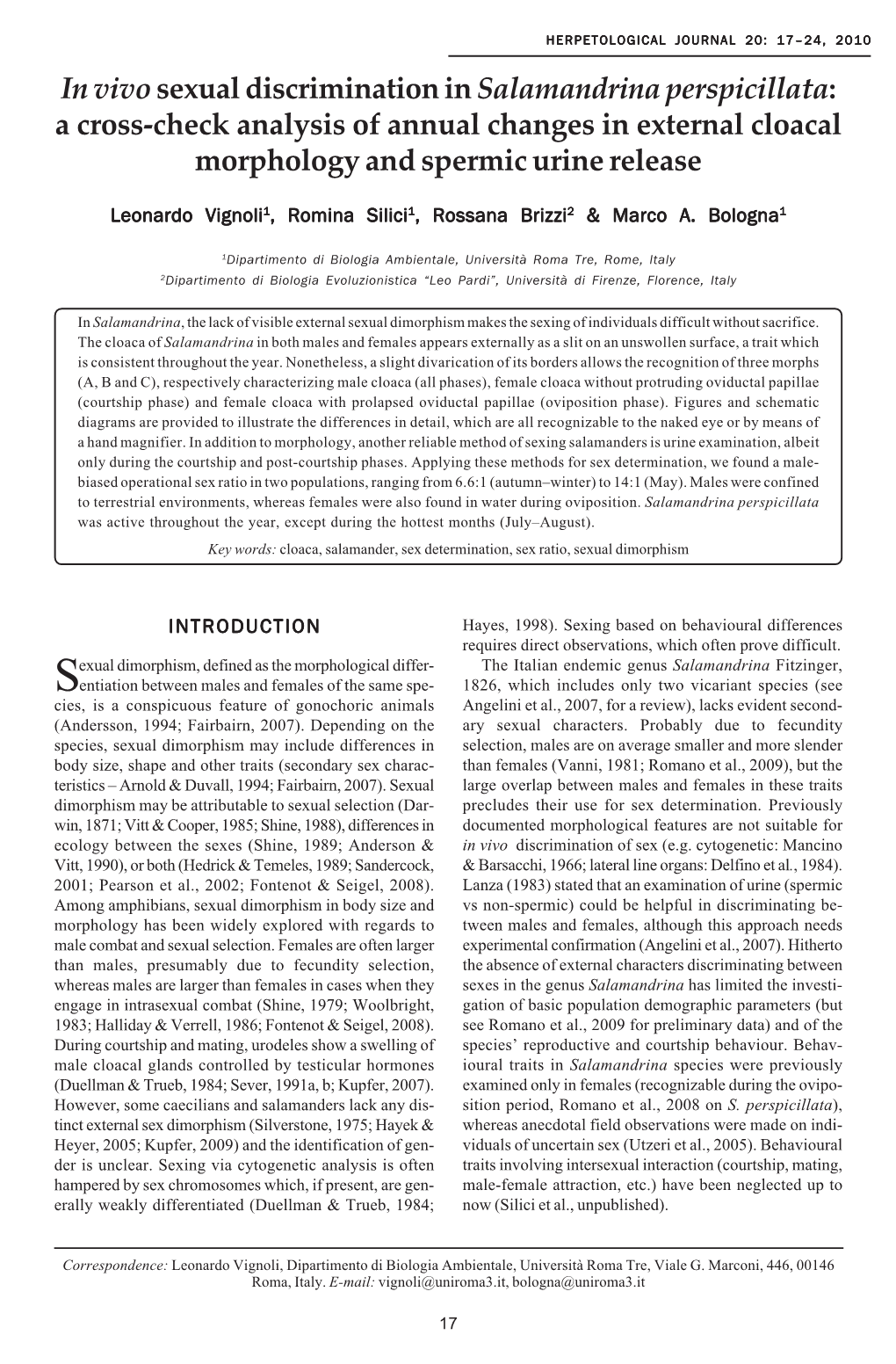 <I>In Vivo</I> Sexual Discrimination in <I>Salamandrina Perspicillata</I