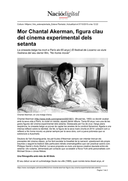 Mor Chantal Akerman, Figura Clau Del Cinema Experimental Dels Setanta