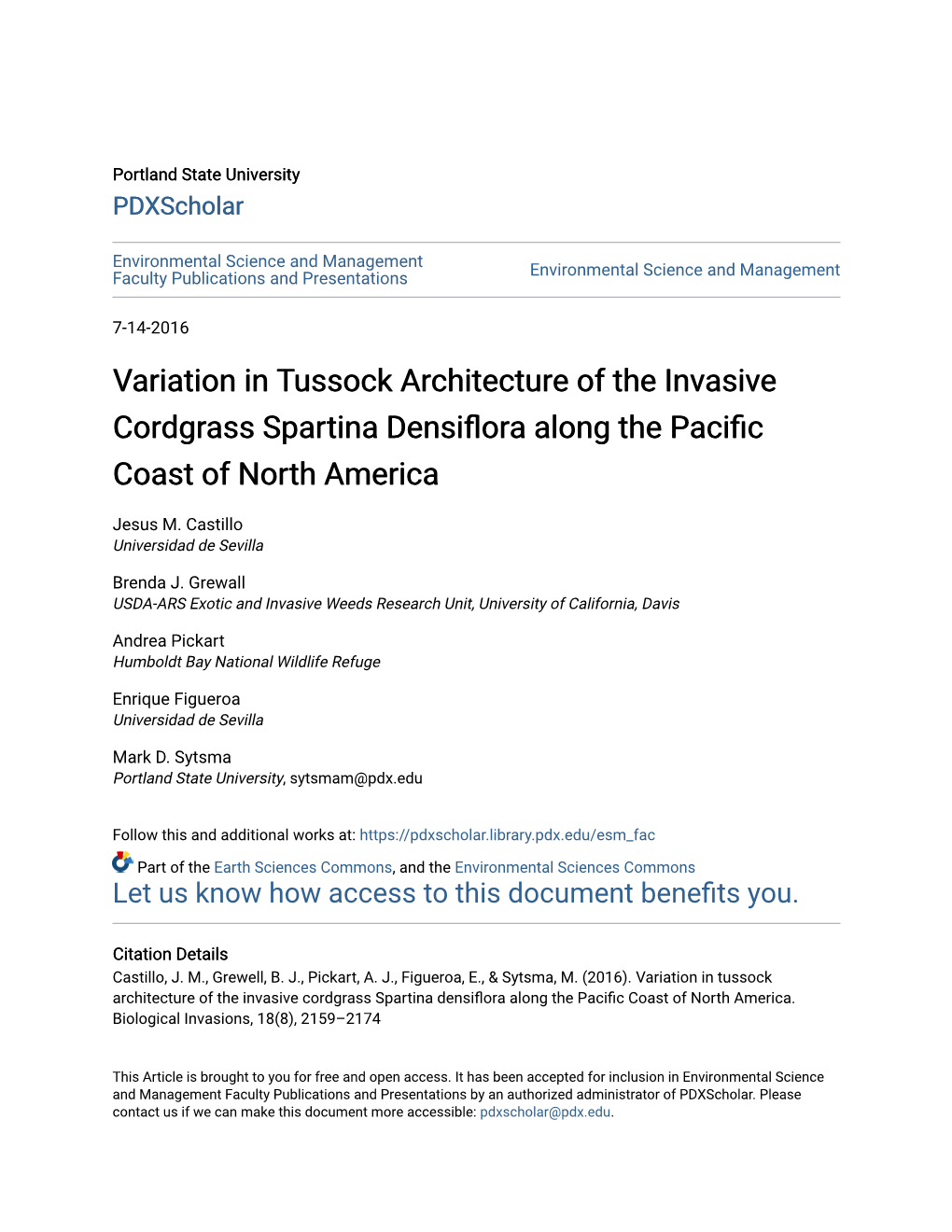 Variation in Tussock Architecture of the Invasive Cordgrass Spartina Densiflora Along the Pacific Coast of North America