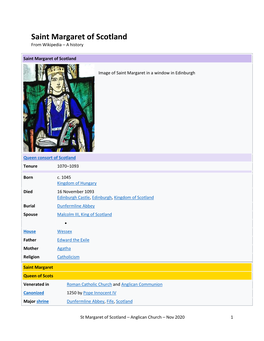 Saint Margaret of Scotland from Wikipedia – a History