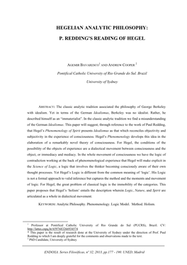 Hegelian Analytic Philosophy: P. Redding's