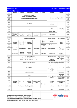 CBC Radio One Fall 2017 Program Schedule