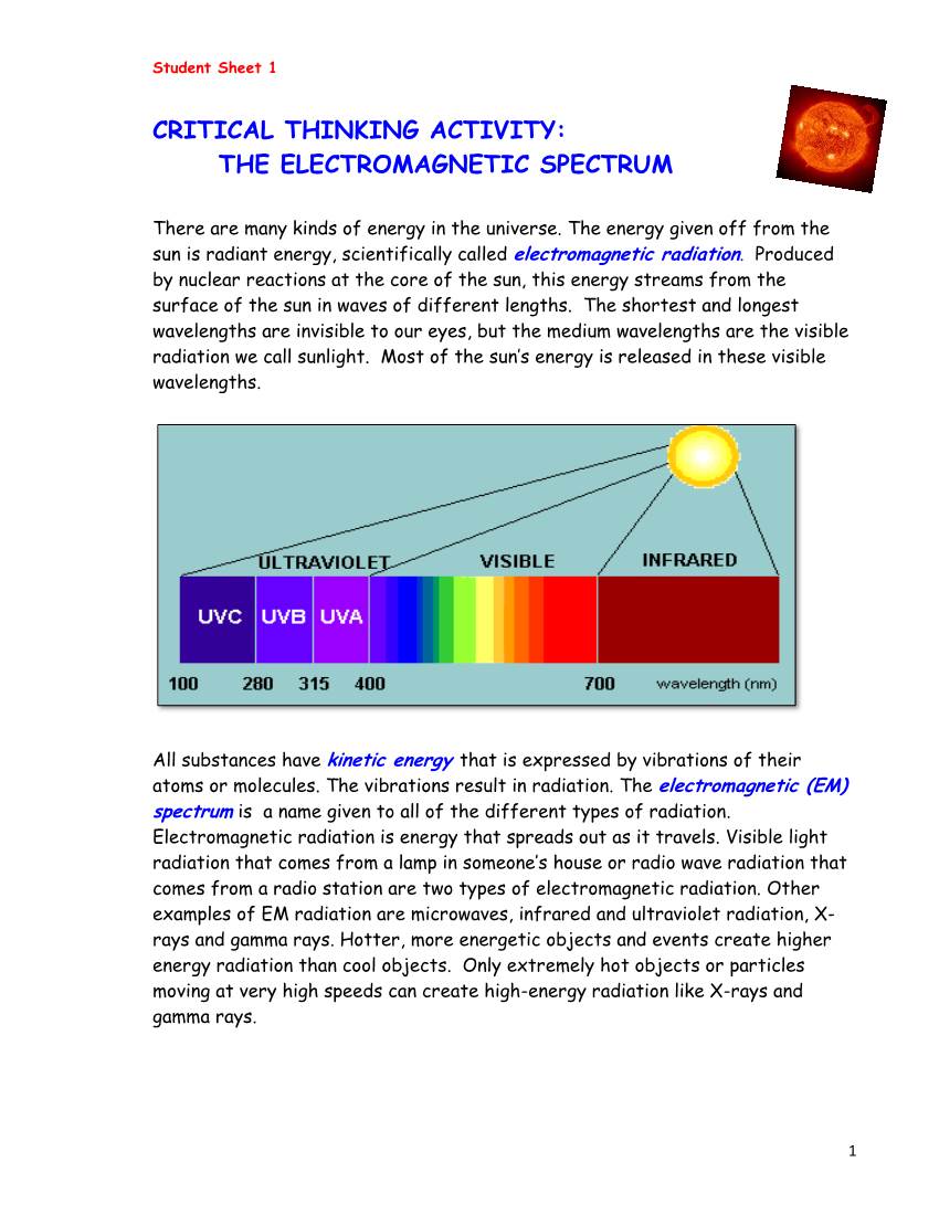 critical thinking activity the electromagnetic spectrum answers