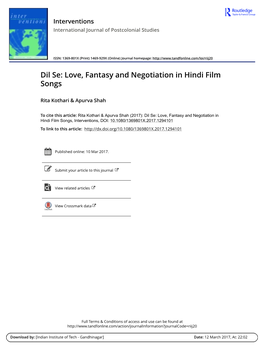 Dil Se: Love, Fantasy and Negotiation in Hindi Film Songs