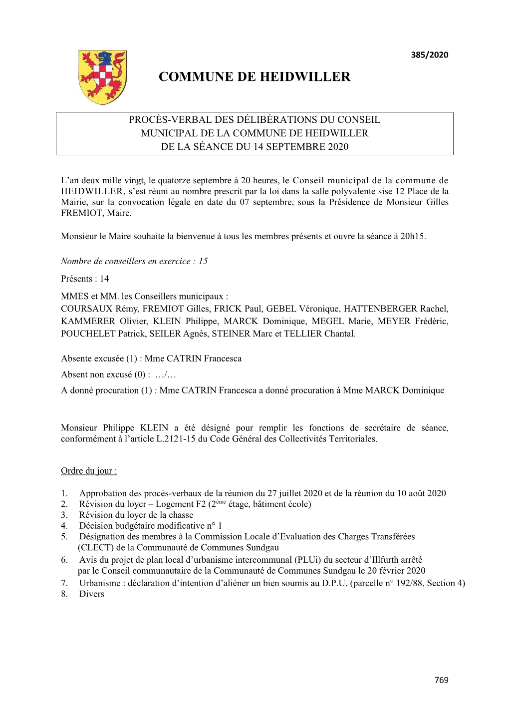 Procès-Verbal Des Délibérations Du Conseil Municipal De La Commune De Heidwiller De La Séance Du 14 Septembre 2020