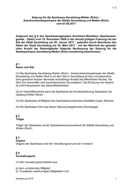Satzung Für Die Sparkasse Gevelsberg-Wetter (Ruhr) – Zweckverbandssparkasse Der Städte Gevelsberg Und Wetter (Ruhr) Vom 01.06.2017