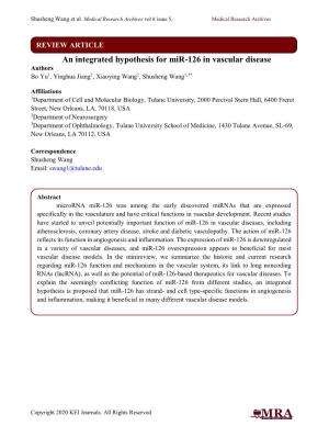 An Integrated Hypothesis for Mir-126 in Vascular Disease Authors Bo Yu1, Yinghua Jiang2, Xiaoying Wang2, Shusheng Wang1,3*