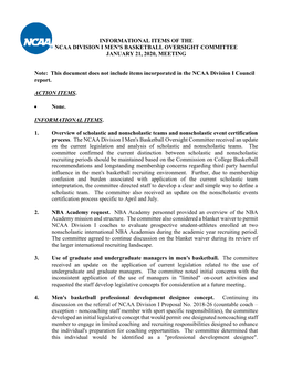 Informational Items of the Ncaa Division I Men's Basketball Oversight Committee January 21, 2020, Meeting