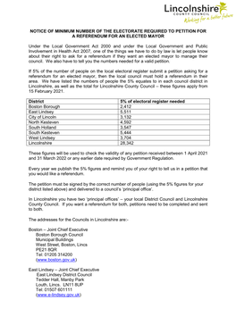 Notice of Minimum Number of the Electorate Required to Petition for a Referendum for an Elected Mayor