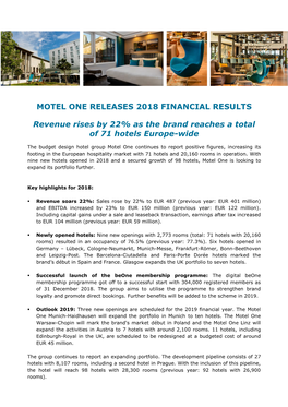 MOTEL ONE RELEASES 2018 FINANCIAL RESULTS Revenue