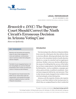 Brnovich V. DNC: the Supreme Court Should Correct the Ninth Circuit's Erroneous Decision in Arizona Voting Case
