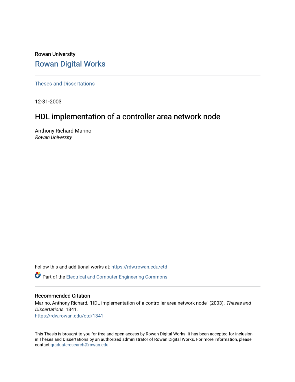 HDL Implementation of a Controller Area Network Node