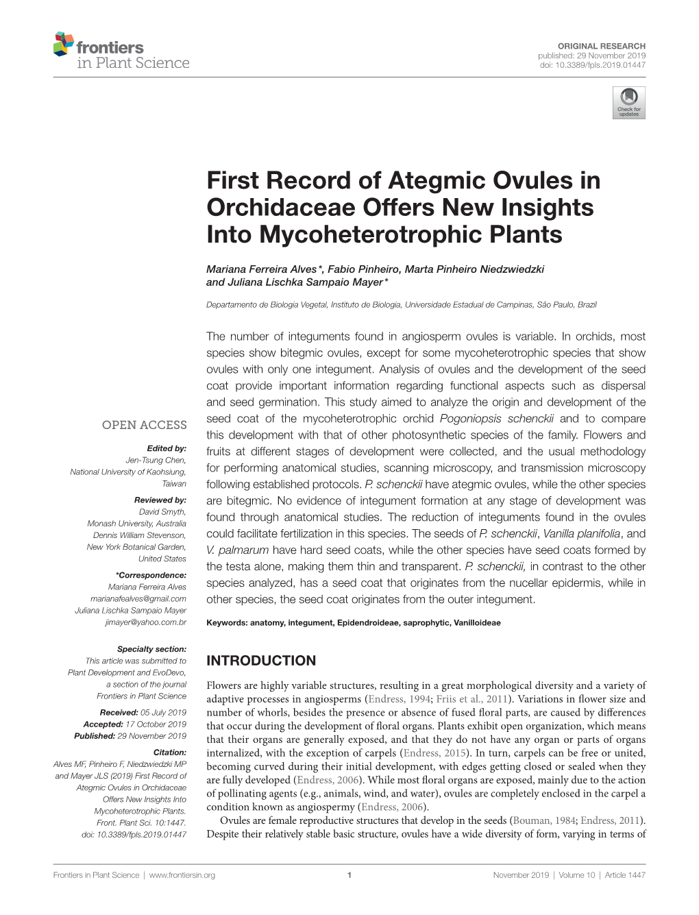 First Record of Ategmic Ovules in Orchidaceae Offers New Insights Into Mycoheterotrophic Plants