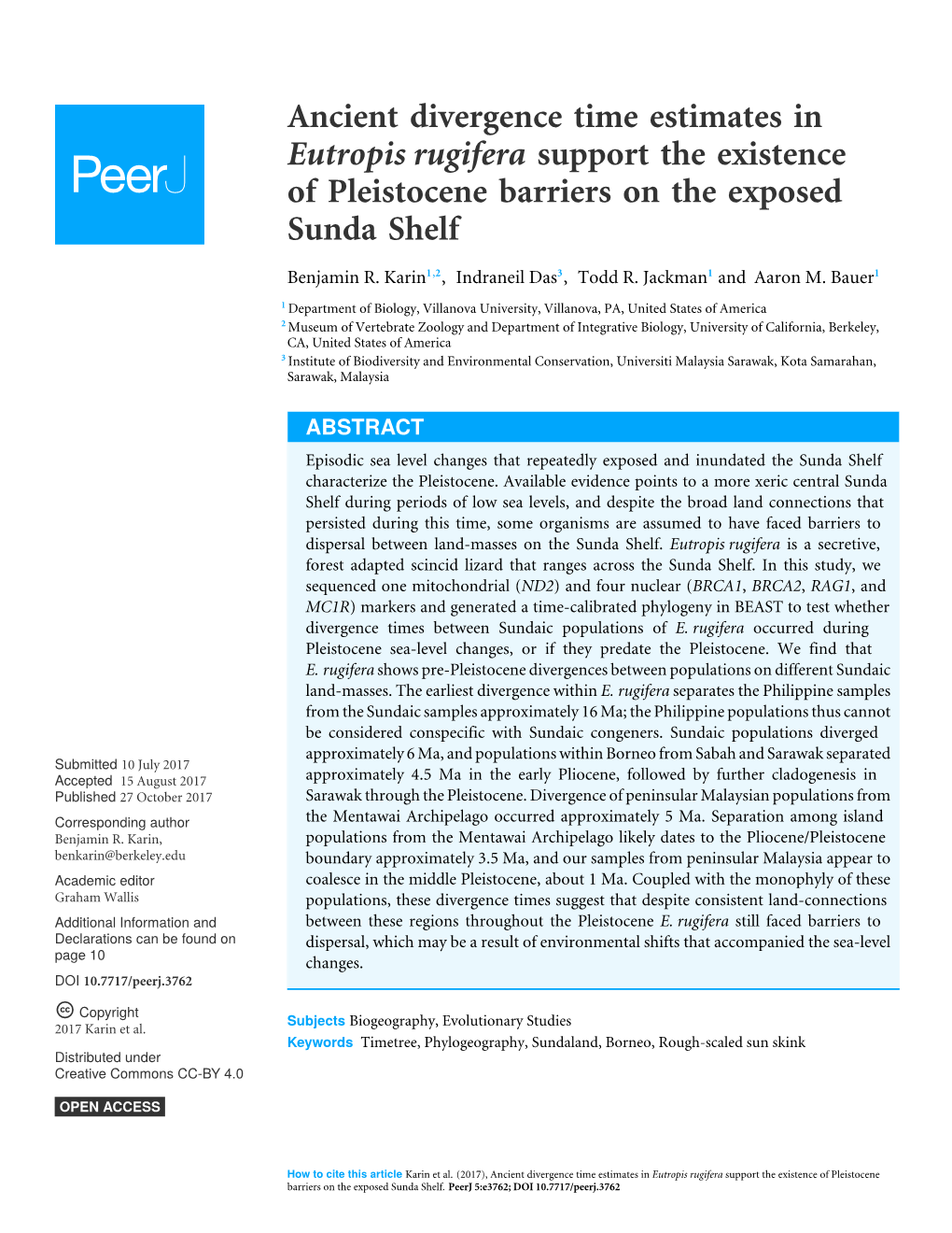 Ancient Divergence Time Estimates in Eutropis Rugifera Support the Existence of Pleistocene Barriers on the Exposed Sunda Shelf