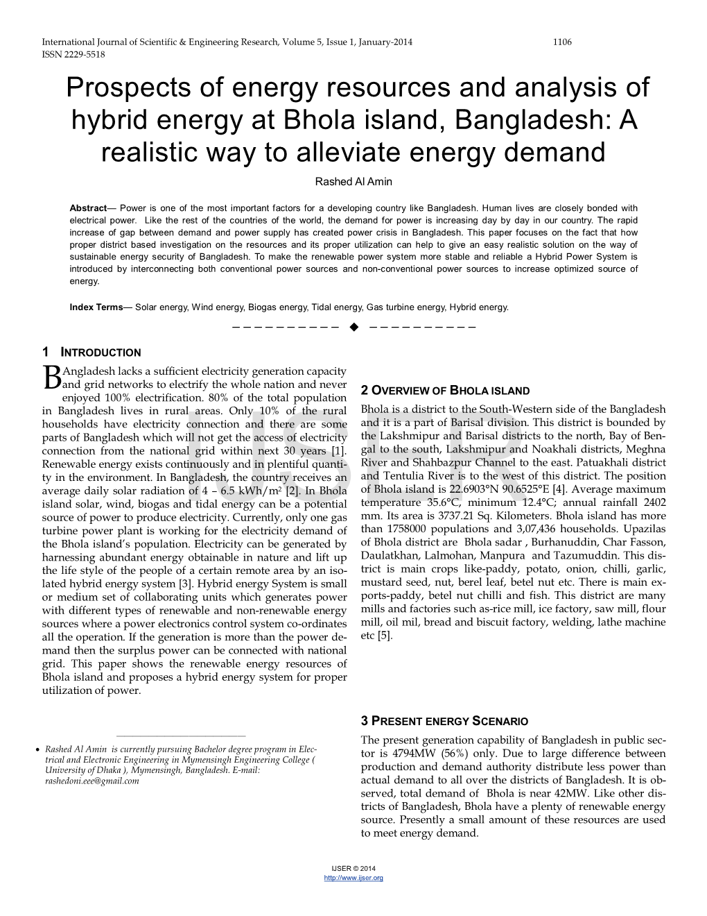 Prospects of Energy Resources and Analysis of Hybrid Energy at Bhola Island, Bangladesh: a Realistic Way to Alleviate Energy Demand Rashed Al Amin